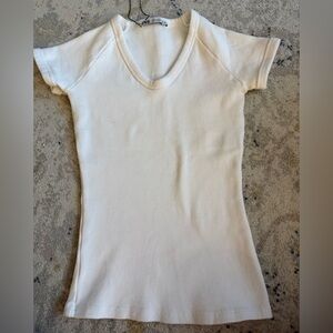 Zara Cream Ribbed Short Sleeve V-Neck Top